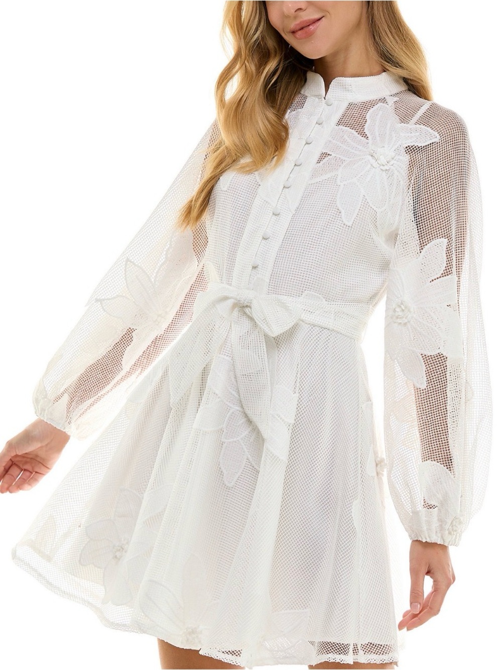 White Floral Mesh Tie-Waist Mini Dress